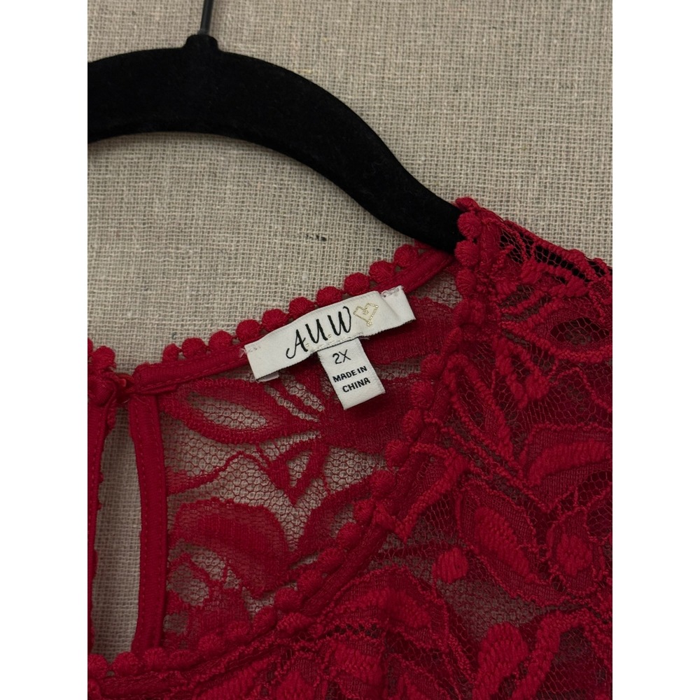 AUW Womens Red Lace Chiffon Shift Dress Plus Size 2X 3/4 Sleeve Keyhole Back - Picture 4 of 4